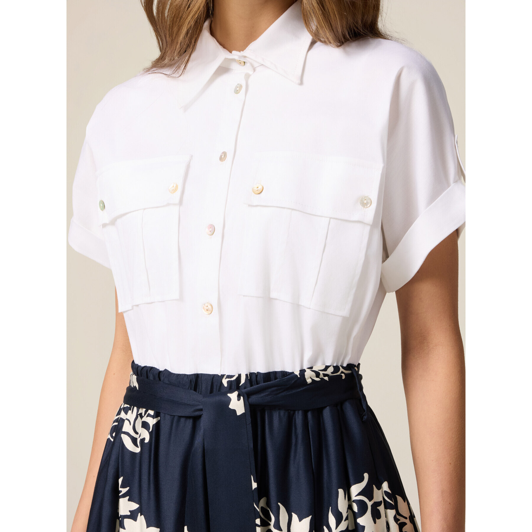 Oltre - Vestido camisero con falda estampada - Azul