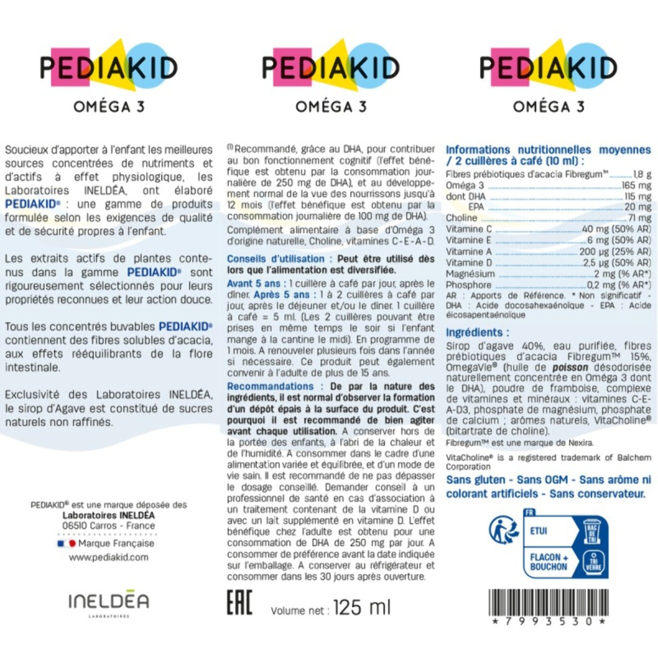 PEDIAKID - Oméga 3 - Complément Alimentaire Naturel - Formule Exclusive au Sirop d'Agave - Riche en DHA - Favorise le Bon Fonctionnement du Cerveau - Goût Citron-Cola - Flacon de 125 ml
