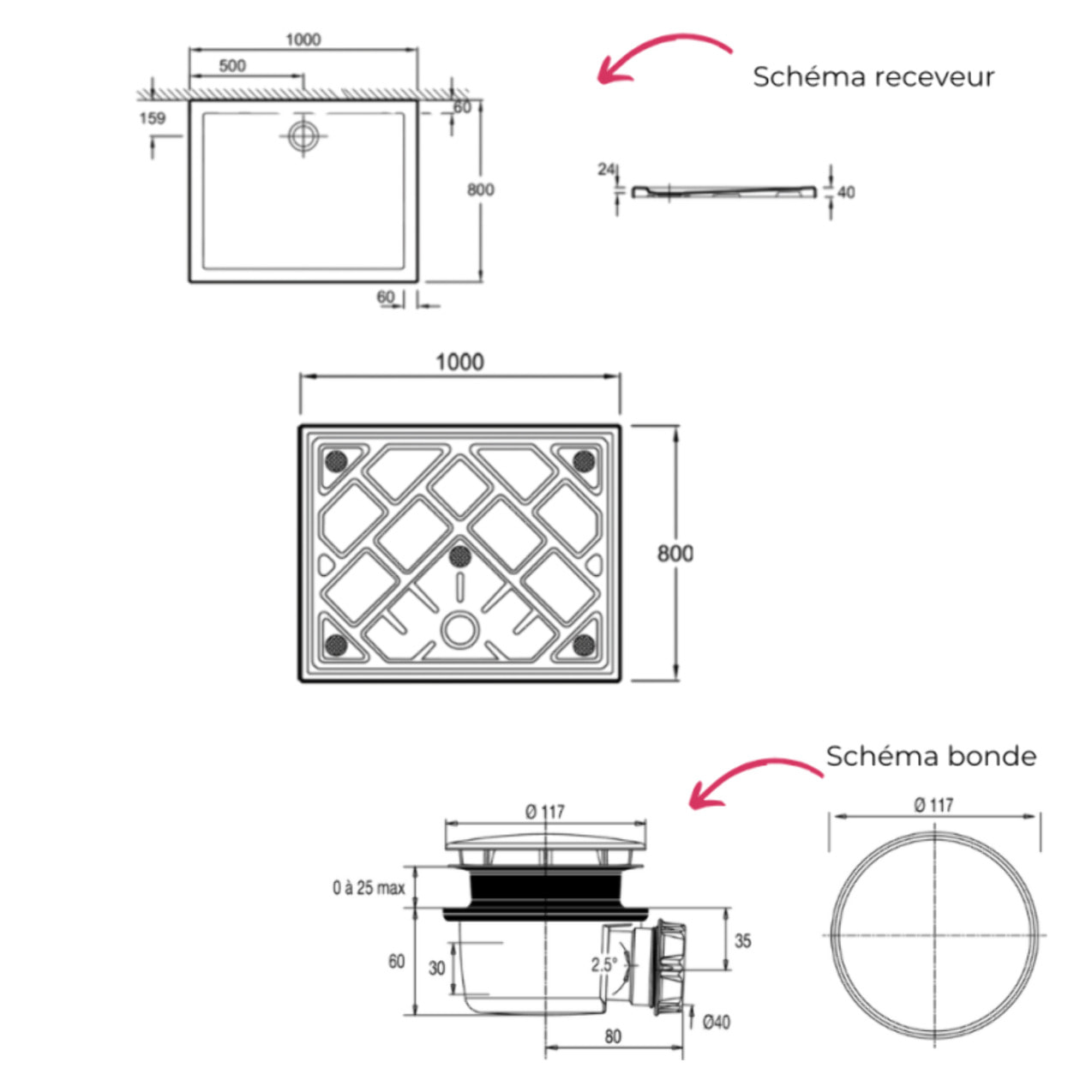 Receveur de douche 100 x 80 Gaspard rectangle céramique avec bonde