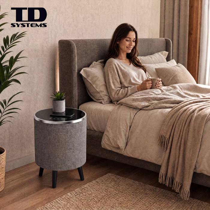 Mesa auxiliar altavoz con sonido de 65W y subwoofer, Bluetooth, base de carga inalámbrica. Mesilla o mesita para dormitorio o sala de estar - TD Systems SM65B11GN [Cristal negro]