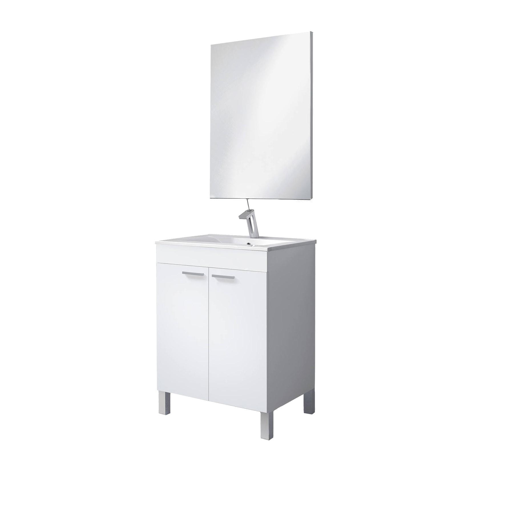 Mobile sottolavabo Naperville, Mobiletto per bagno, Armadio a 2 ante con specchio, lavabo non incluso, cm 60x45h80, Bianco lucido