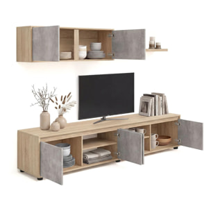 Salón con mueble de TV y estantería en roble canadian y gris cemento 200 cm Arlet Roble Canadian - Gris Cemento