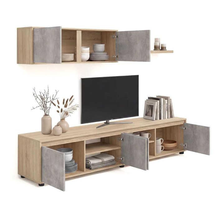 Salón con mueble de TV y estantería en roble canadian y gris cemento 200 cm Arlet Roble Canadian - Gris Cemento