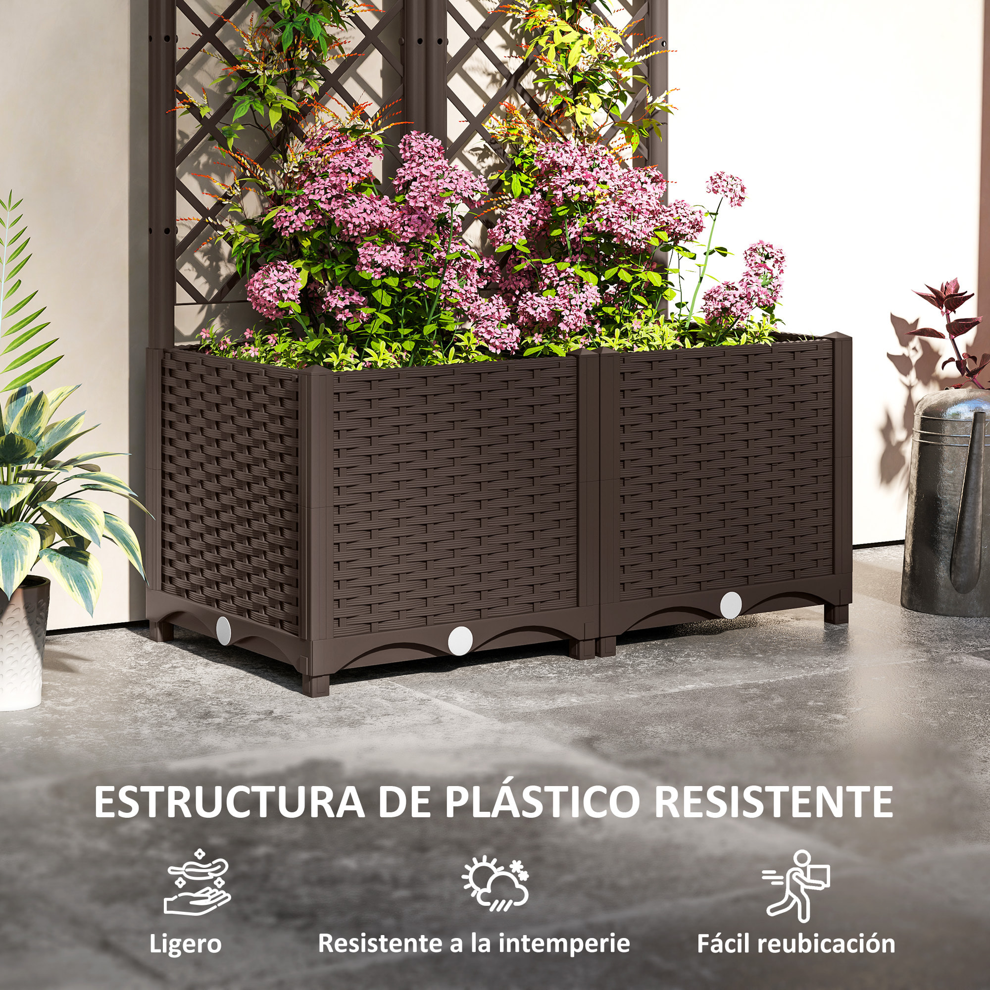 Jardinera con Enrejado de PP Jardinera Exterior Grande con Drenaje y Amplio Espacio para Plantas Trepadoras Macetero con Soporte para Jardín Patio Terraza 80x40x135 cm Marrón