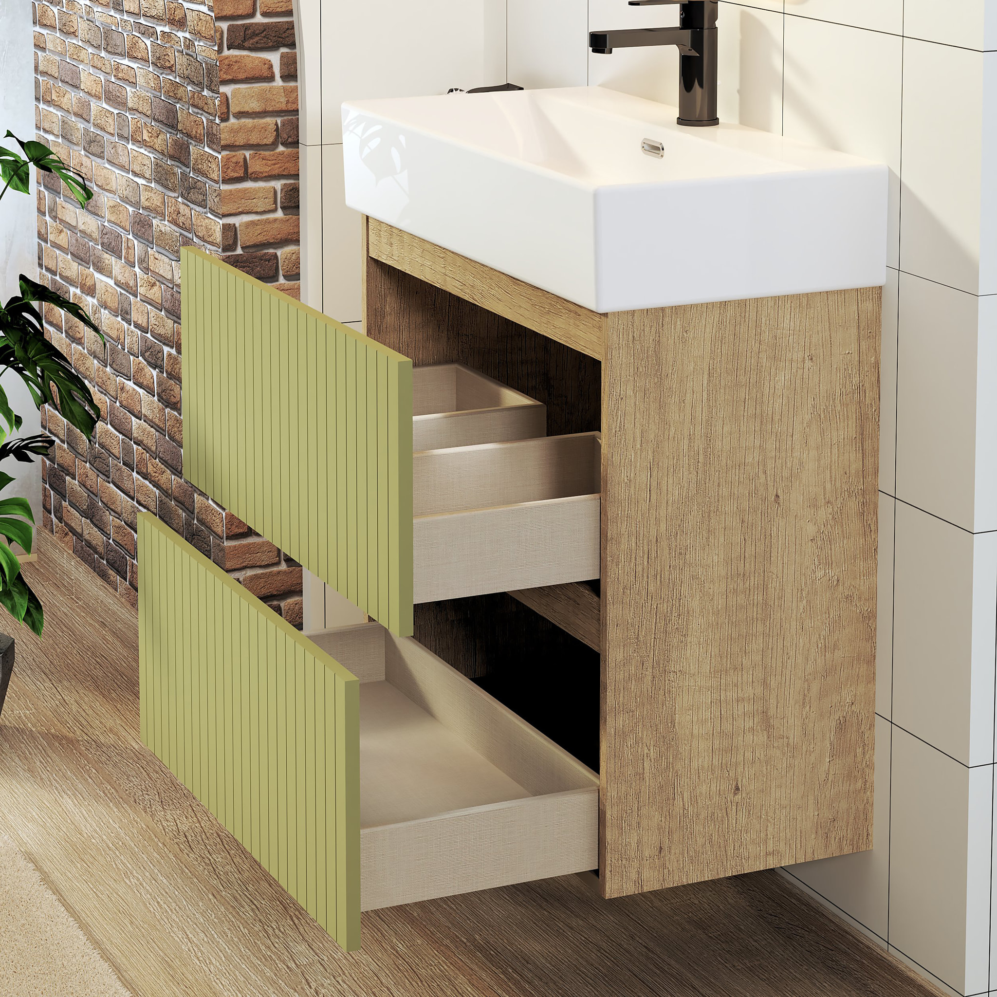 Ensemble de Salle de Bain Zel | Meuble Suspendu | 70 cm Vert | Deux Tiroirs | Lavabo Encastré | Miroir non inclus | Meuble Monté | Alday