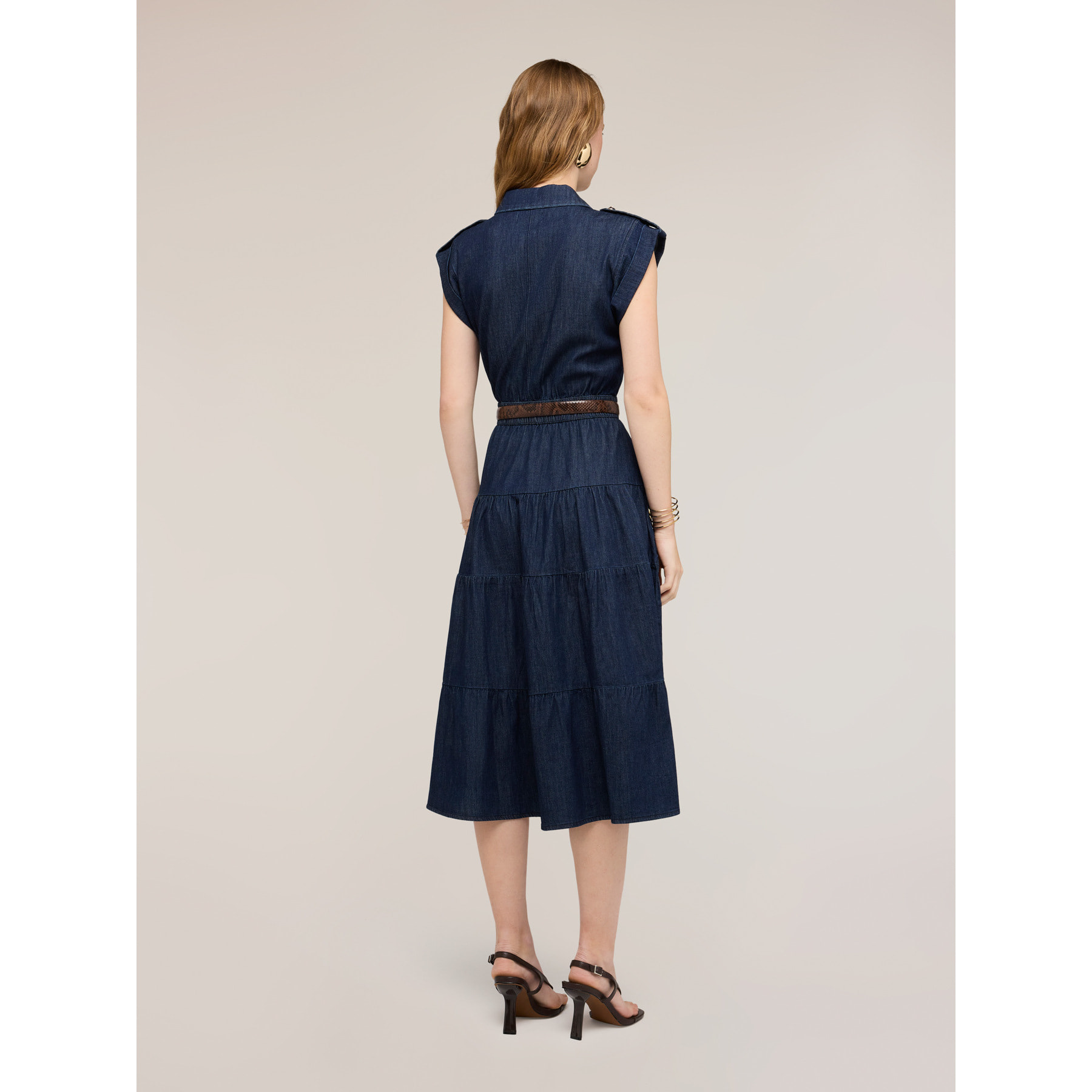 Motivi - Vestido camisero de denim con falda de volantes - Azul