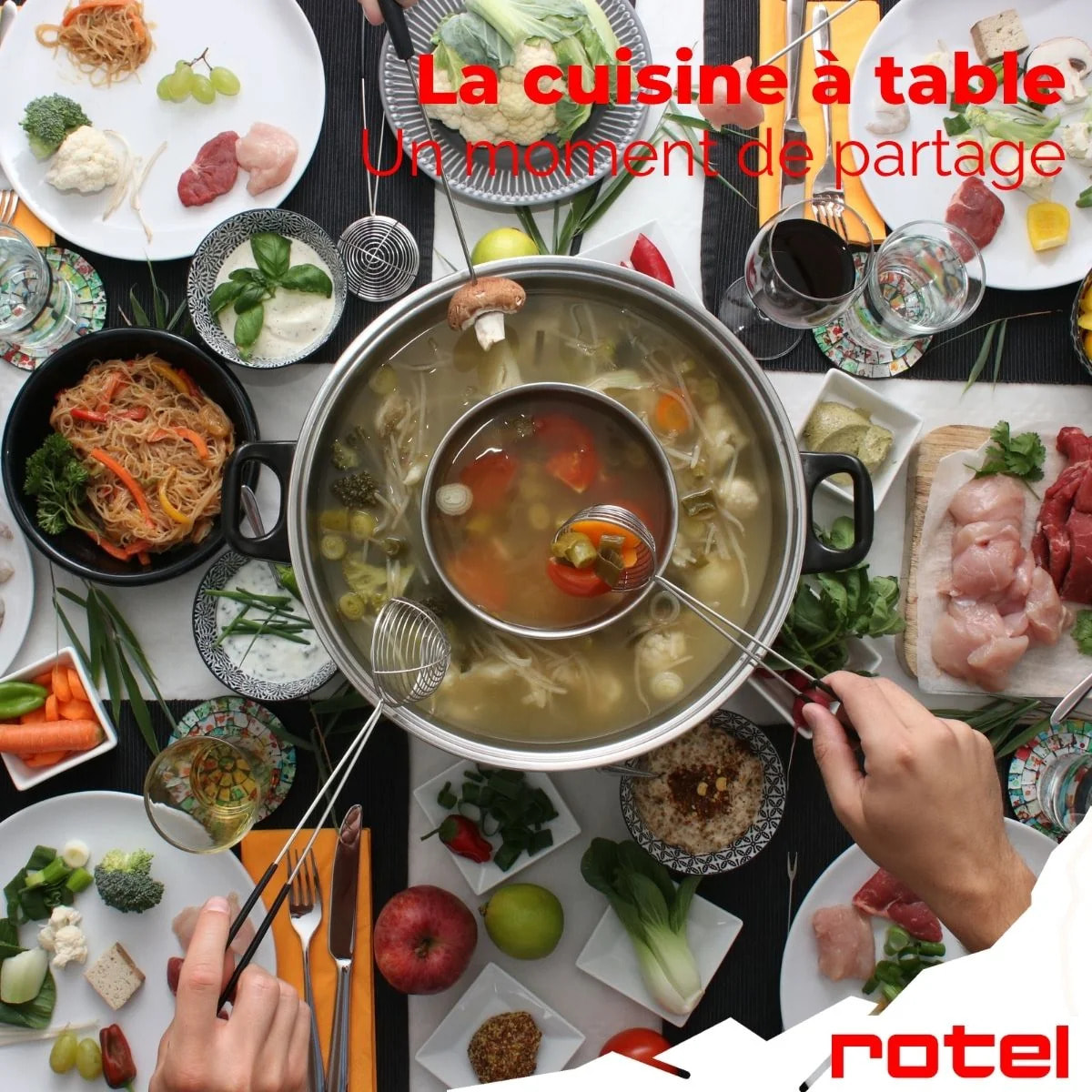 Appareil à fondue chinoise 2 compartiments avec fourchettes et passoires Rotel