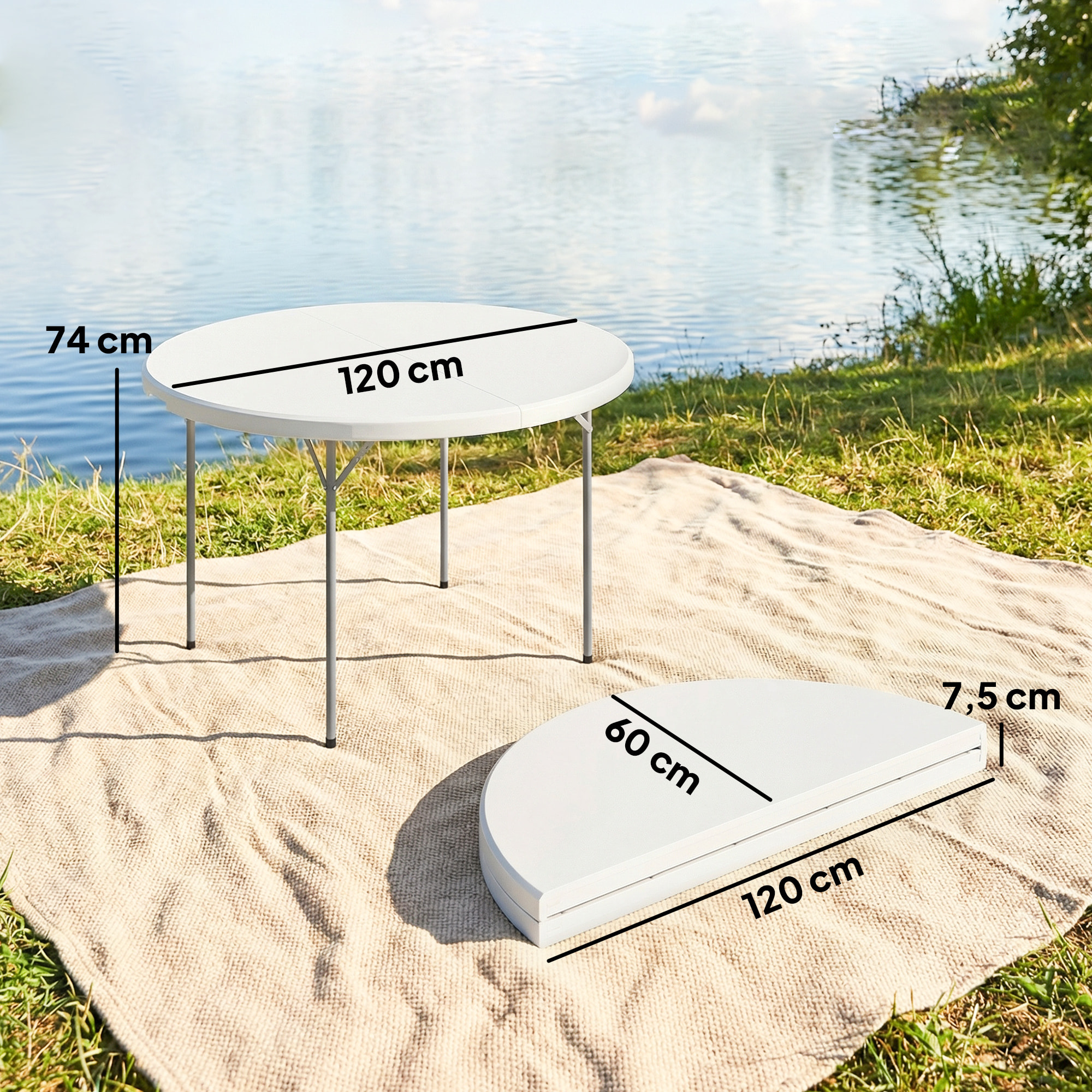 Mesa Plegable Camping, 120x120x74 cm, Mesa Plegable Portátil Ligera con Encimera de HDPE, Almohadillas Antideslizantes, Marco Metálico, para Acampar, Senderismo, Playa, Blanco
