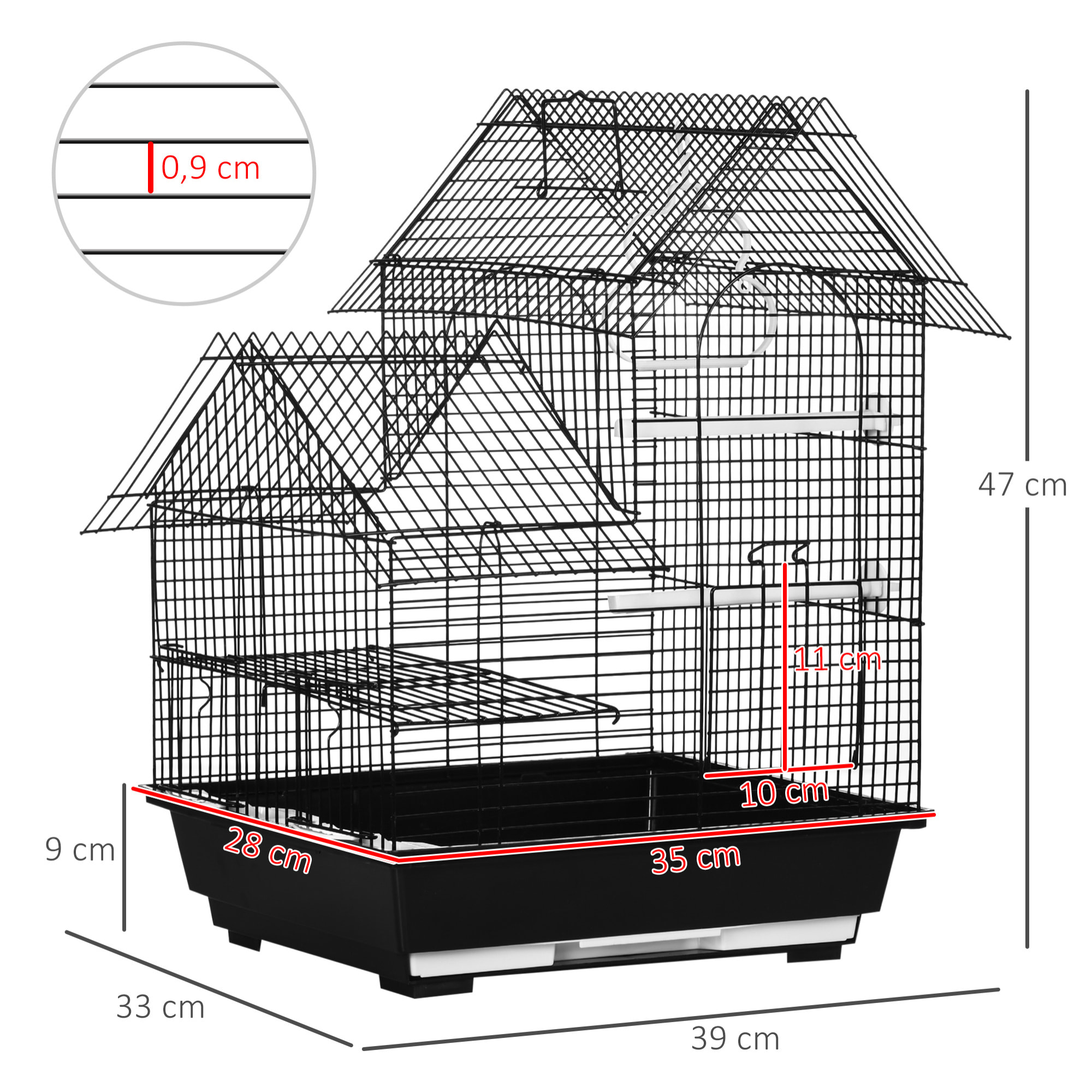 Jaula para Pájaros 39x33x47 cm Pajarera Metálica con 3 Puertas 2 Comederos 2 Perchas Columpio Bandeja Extraíble y Asa de Transporte para Canarios Periquitos Negro