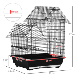 Jaula para Pájaros 39x33x47 cm Pajarera Metálica con 3 Puertas 2 Comederos 2 Perchas Columpio Bandeja Extraíble y Asa de Transporte para Canarios Periquitos Negro