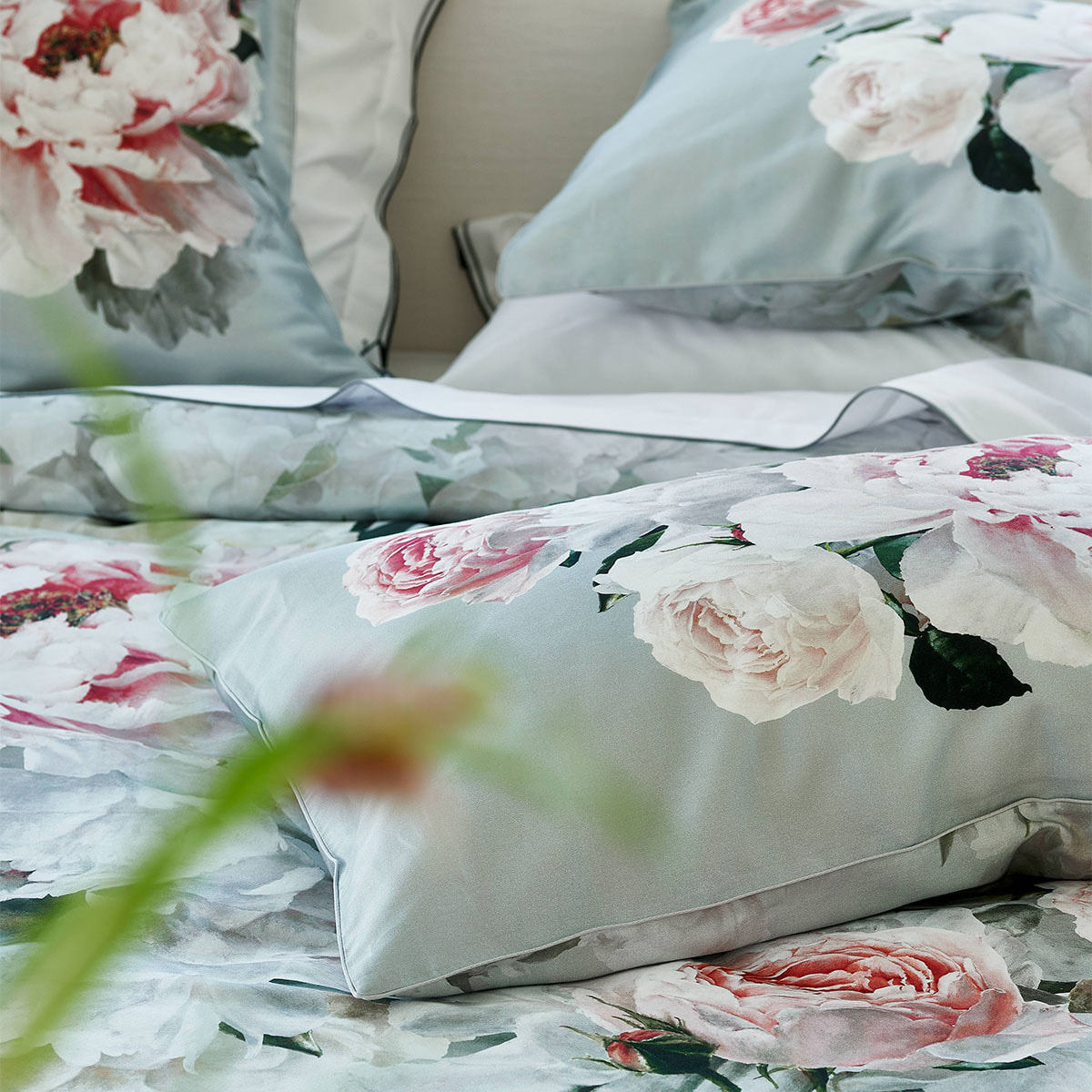 Housse de couette imprimée en satin de coton, PEONIA GRANDE, Gris