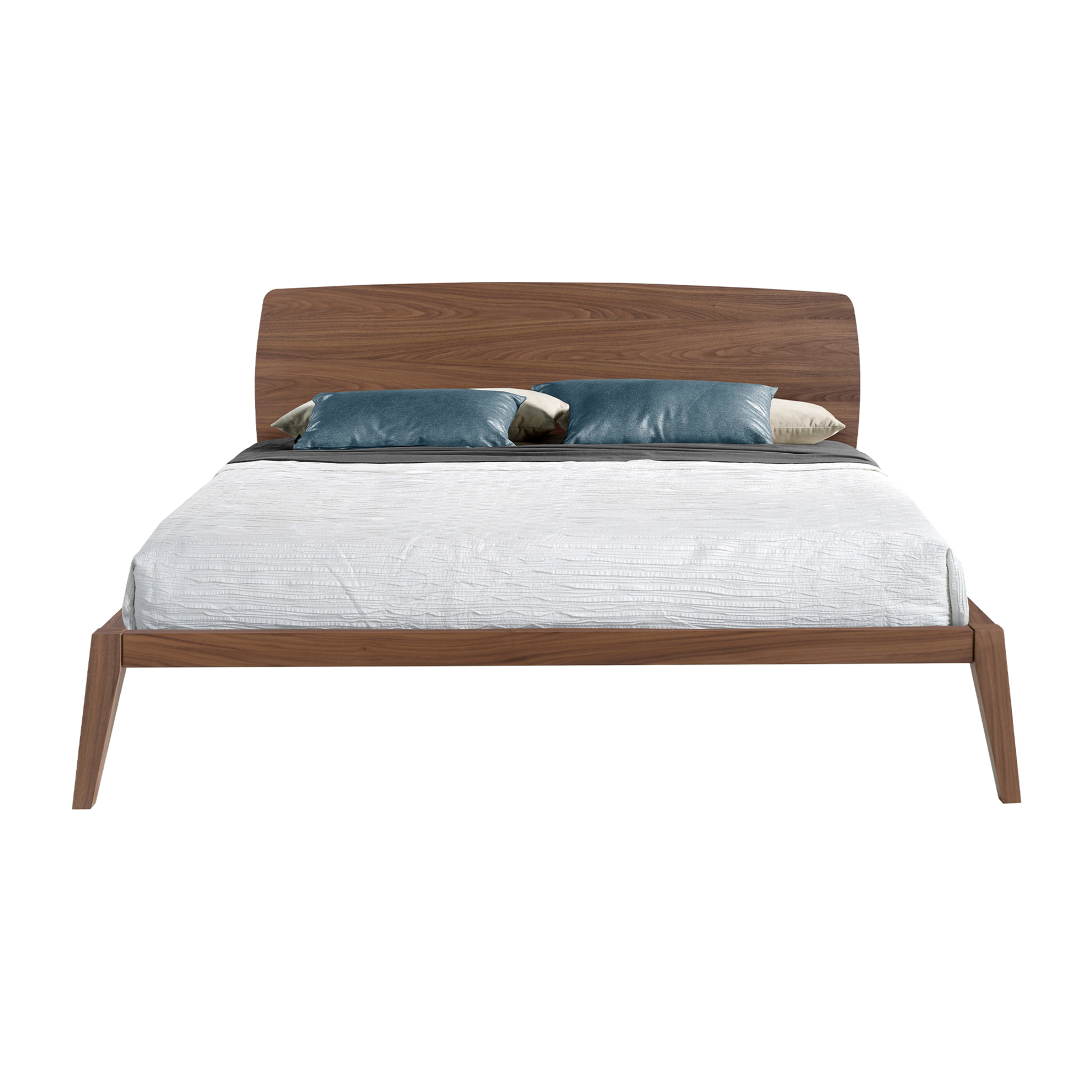 Cama de matrimonio con un cabecero y estructura en madera chapada en nogal natural 181x210x84cm