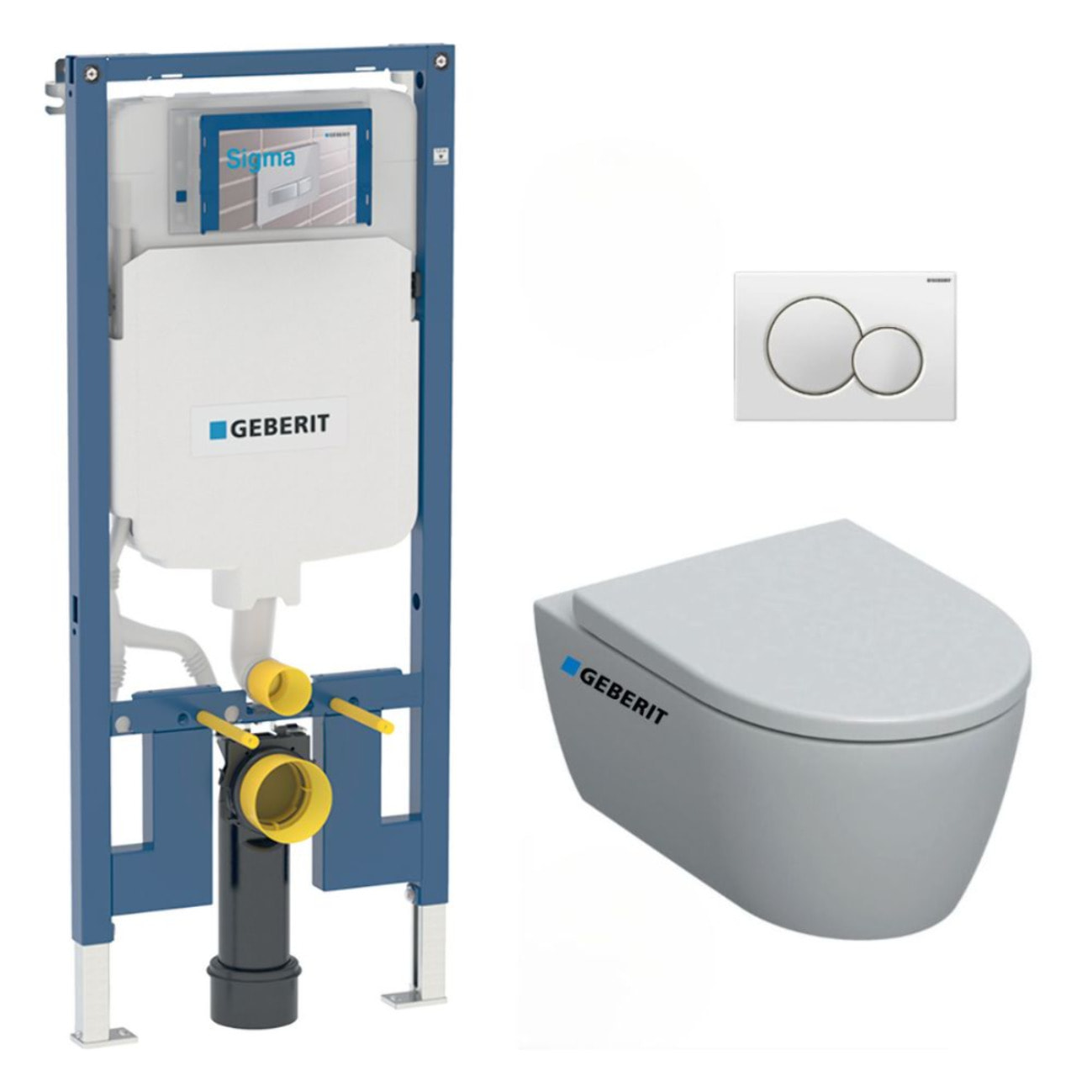 Pack WC Bati-support Geberit Duofix extra-plat + WC sans bride Geberit iCon + Abattant softclose + Plaque blanche (SLIM-iCon-B)