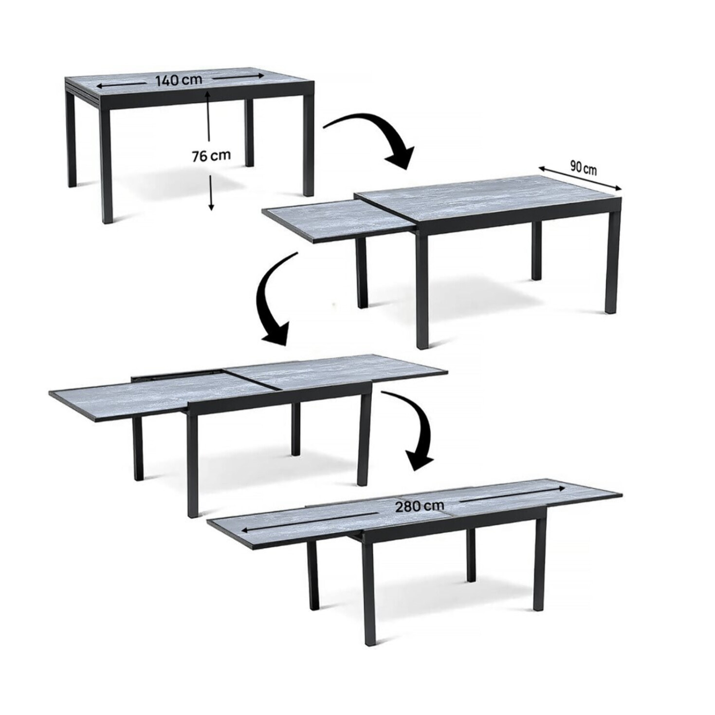 Table extensible et chaises de jardin en aluminium "Lagos" - 140/280 x 90 x 76 cm - 10 places - Gris clair