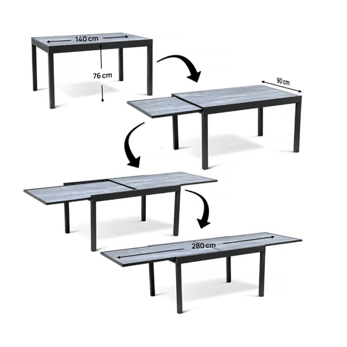 Table extensible et chaises de jardin en aluminium "Lagos" - 140/280 x 90 x 76 cm - 10 places - Gris clair