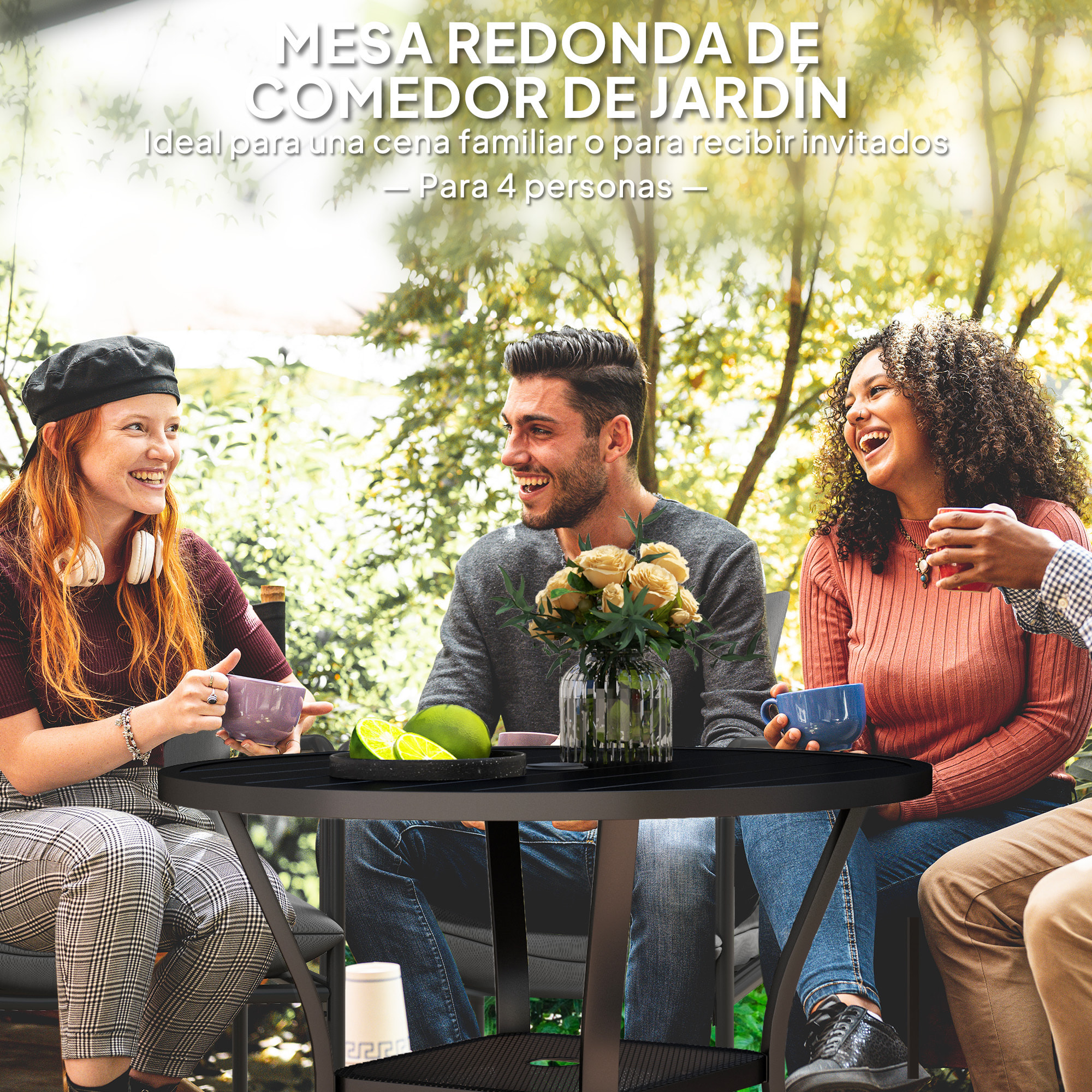 Mesa de Jardín Exterior con Orificio para Sombrilla Mesa de Comedor Exterior Redonda con Encimera de Metal Estante Inferior y Estructura de Acero para Patio Terraza Ø90x73 cm Negro