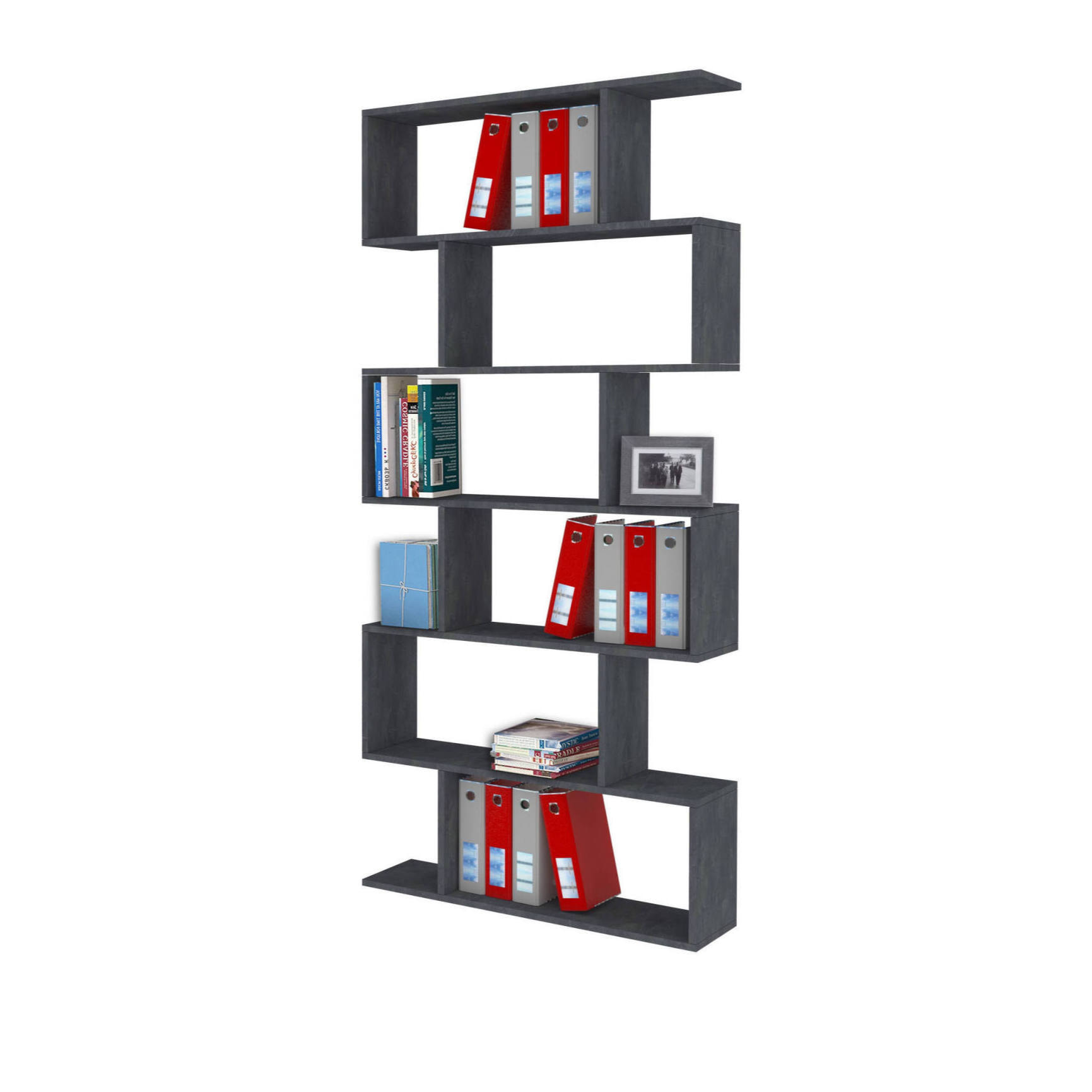 Libreria alta a zig zag a 6 scaffali aperti, Made in Italy, Scaffale per libri e documenti, Libreria da ufficio, cm 80x25h192, colore Grigio Cenere