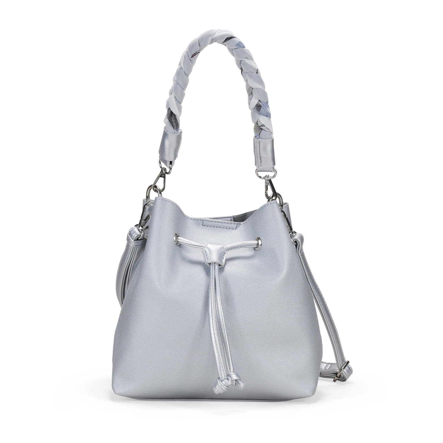 Bolso de mano plateado con asa de pañuelo