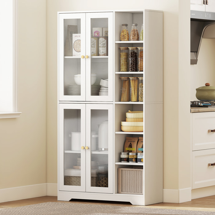 Buffet haut cuisine vaisselier vitrine 4 portes 7 étagères poignées dorées effet bois blanc