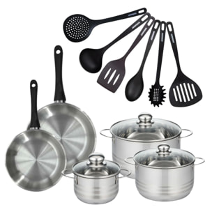 Set 2 poêles, 3 faitouts 16, 20 et 24 cm en inox et 6 ustensiles RPET Fackelmann Geneva