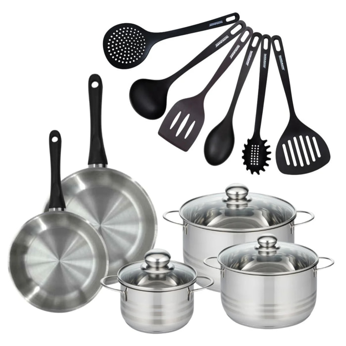 Set 2 poêles, 3 faitouts 16, 20 et 24 cm en inox et 6 ustensiles RPET Fackelmann Geneva