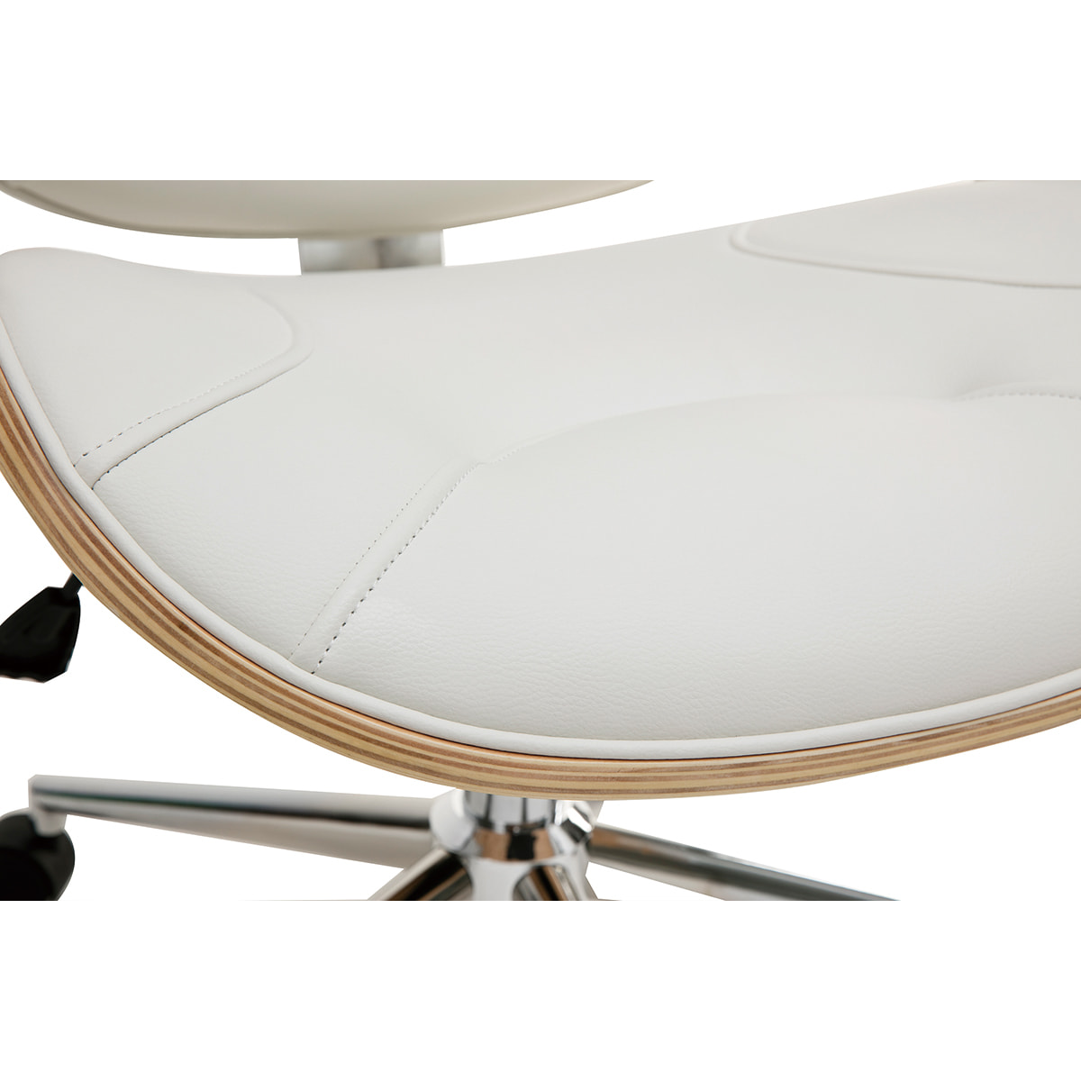 Chaise de bureau à roulettes design blanc, bois clair et acier chromé YORKE