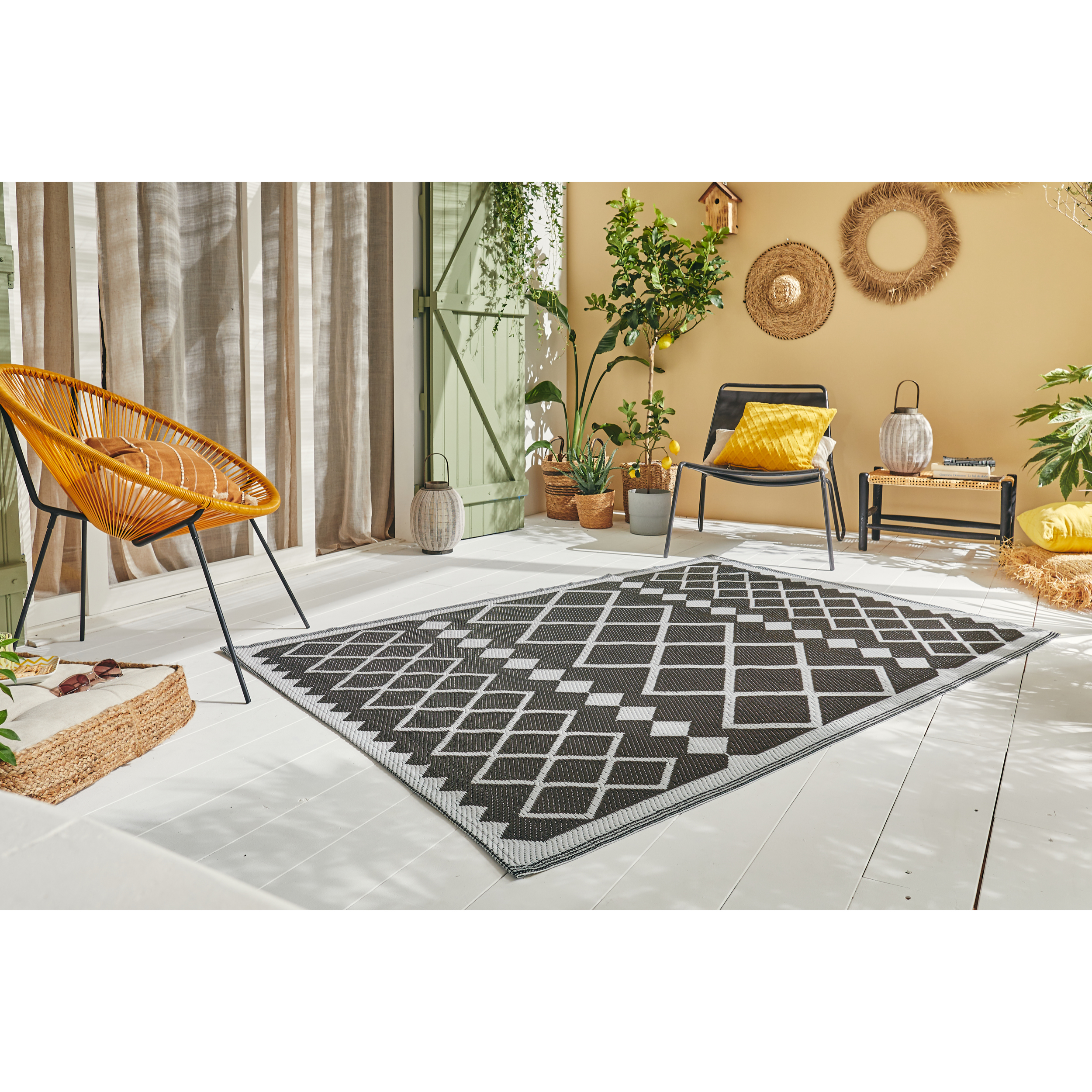 Scoobi - tapis d'exterieur noir motif éthnique