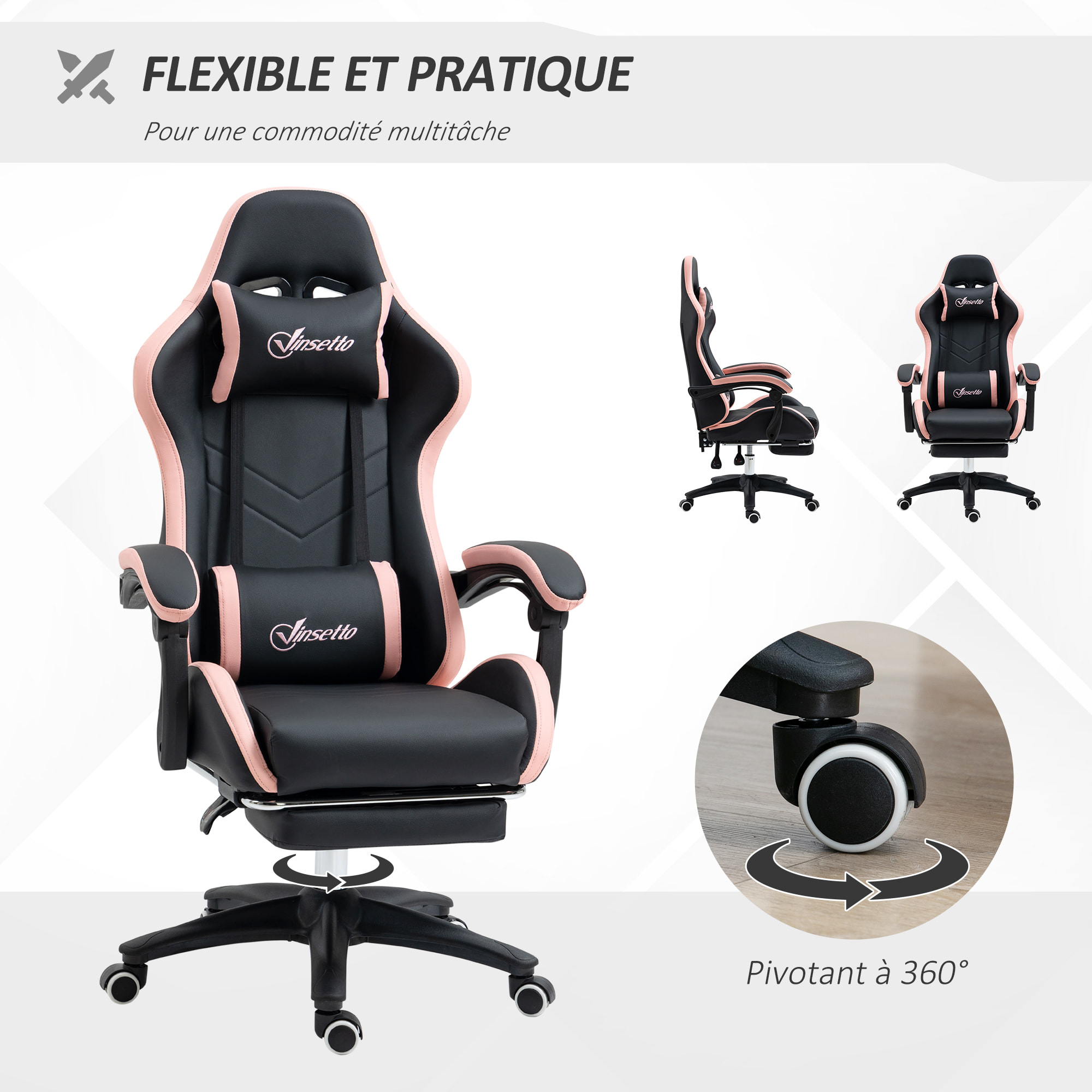 Chaise gaming - chaise de bureau gamer inclinable réglable repose-pieds rétractable coussins synthétique noir rose