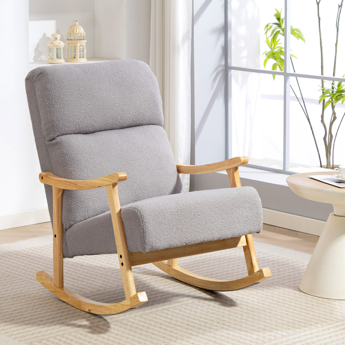 Silla Mecedora de Borreguito Moderna, Mecedora con Patas y Reposabrazos de Madera de Caucho, Respaldo Alto, Sillón de Lactancia Carga 120 kg, para Dormitorio, Salón