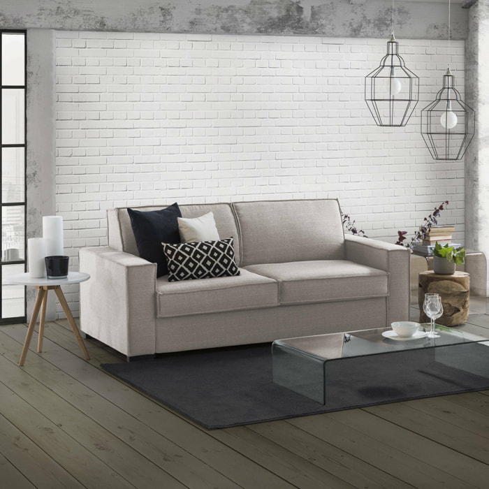 Divano letto 2 posti Alisa, Sofà Soggiorno apertura girevole, Tessuto imbottito, Braccioli slim, 100% Made in Italy, Cm 180x95h90, Tortora