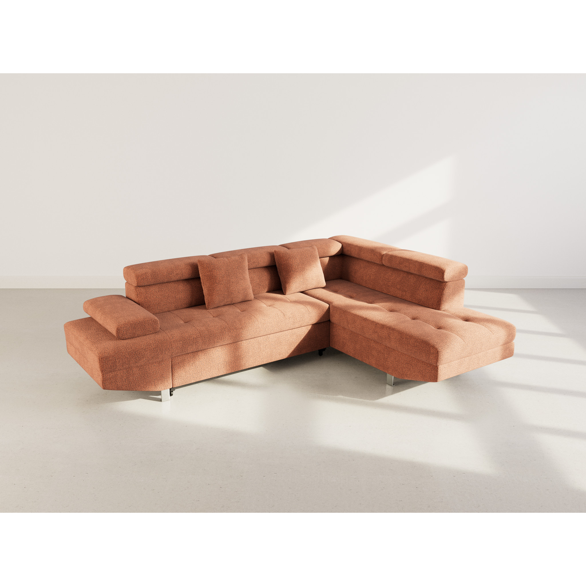 Margaux - Canapé d'angle droit 5 places convertible avec coffre et têtières réglables en velours texturé - Terracotta