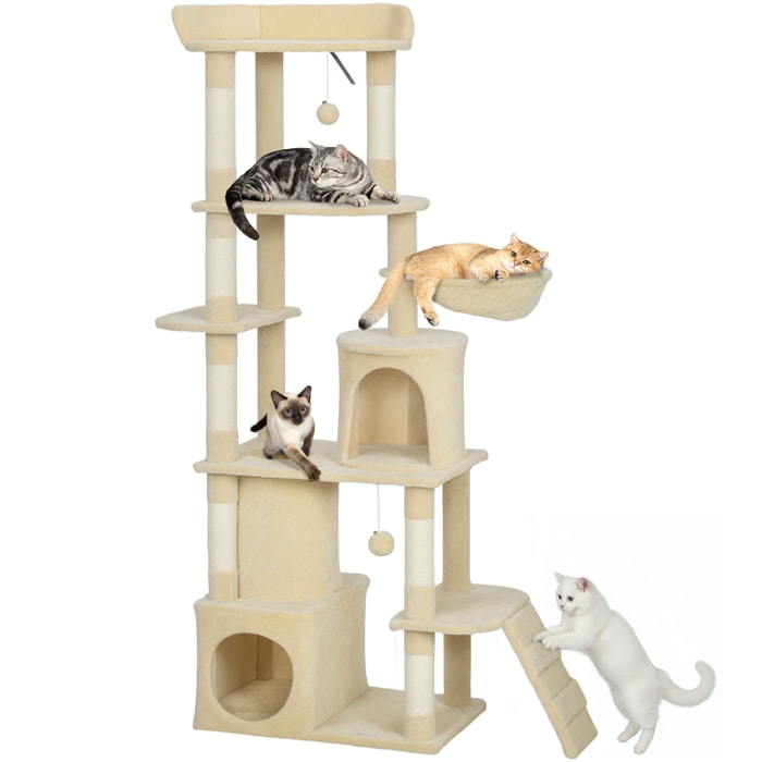 Árbol Rascador para Gatos Grande, Árbol para Gatos, Altura 170 cm, Torre de Escalada con 7 Postes, 1 Túnel, 3 Plataformas, 2 Cuevas, 1 Hamaca, 1 Percha, 1 Rampa, Pompones, Beige