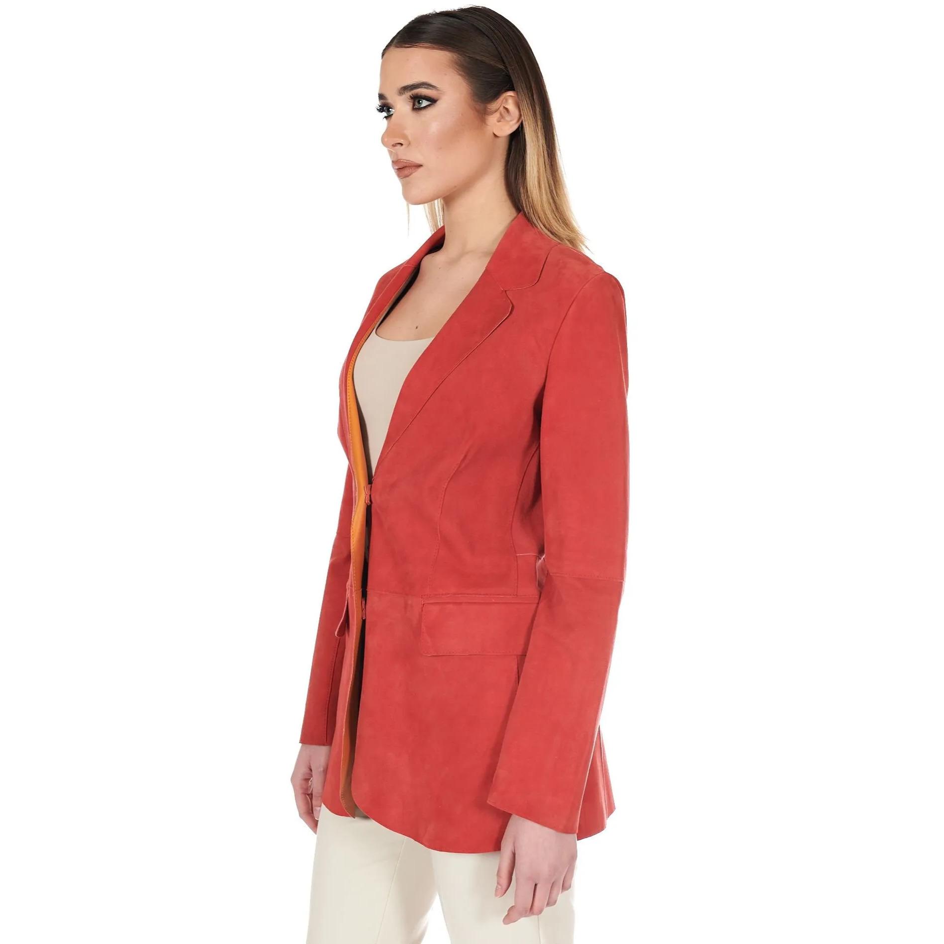 Giacca blazer in pelle scamosciata colore corallo