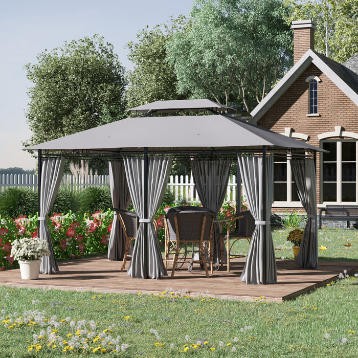 Cenador para Jardín 3x4 m Pérgola de Jardín Gazebo con Doble Techo Paredes Laterales Resistente al Agua Carpa para Exterior Terraza Patio Gris Oscuro