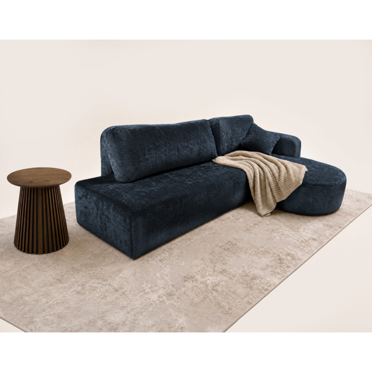 Miro - Canapé d'angle droit 4 places convertible avec coffre en velours texturé - Bleu