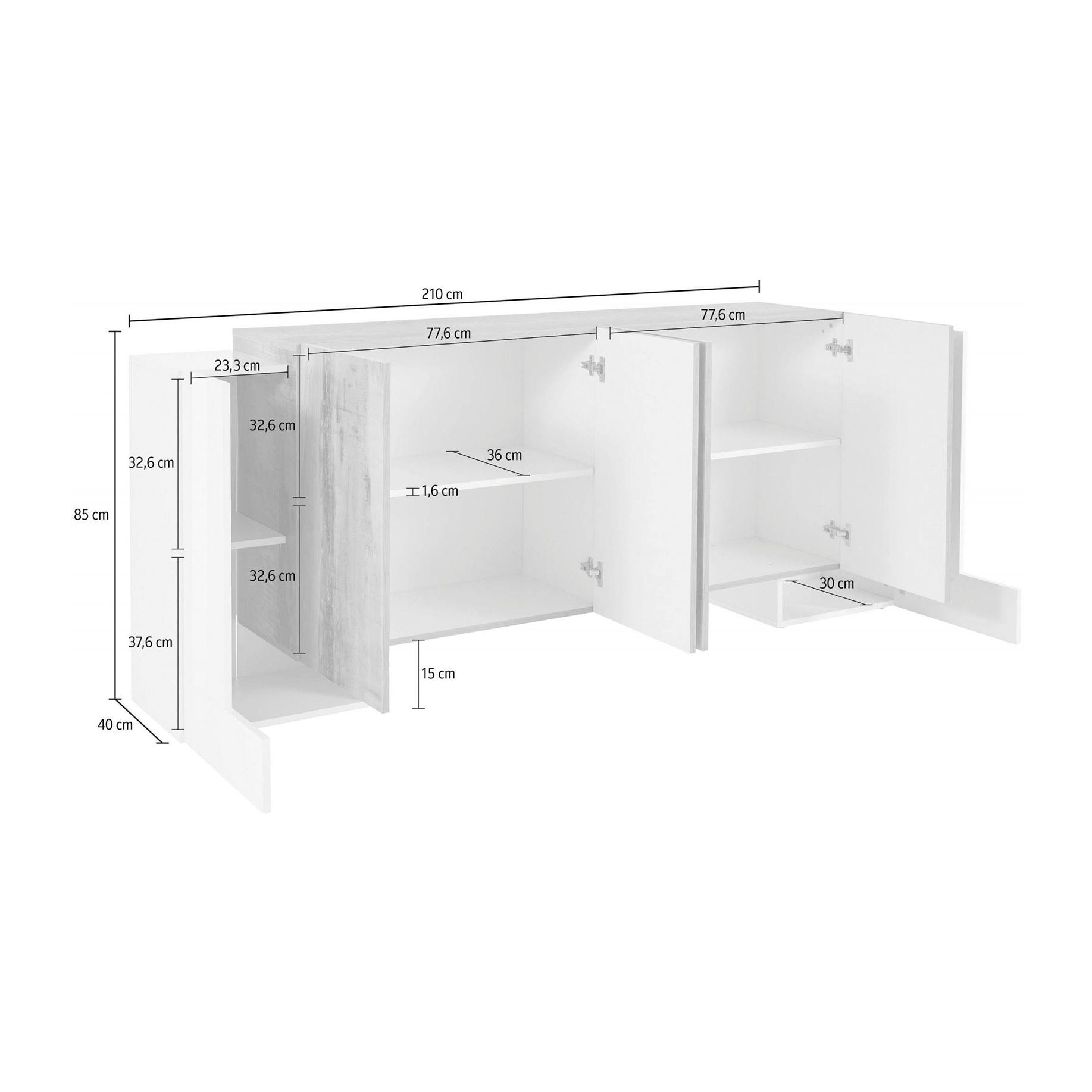 Credenza moderna a 6 ante, Made in Italy, Madia da cucina, Buffet di design da soggiorno, cm 210x45h85, colore Bianco lucido e Acero