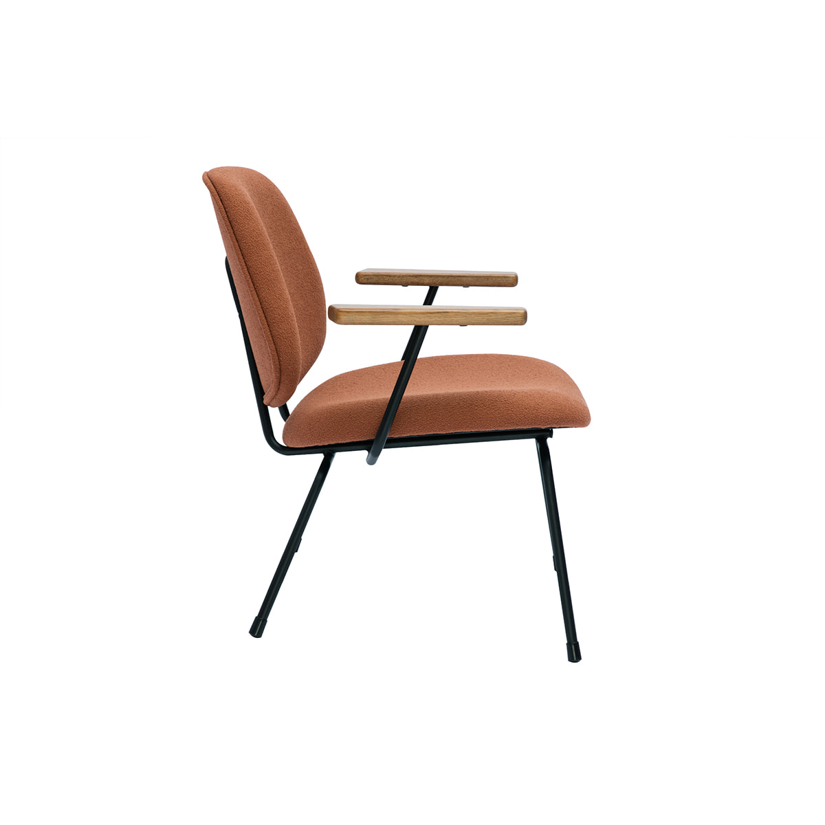 Fauteuil design en tissu effet laine bouclée terre brûlée, métal noir et bois foncé BARNET