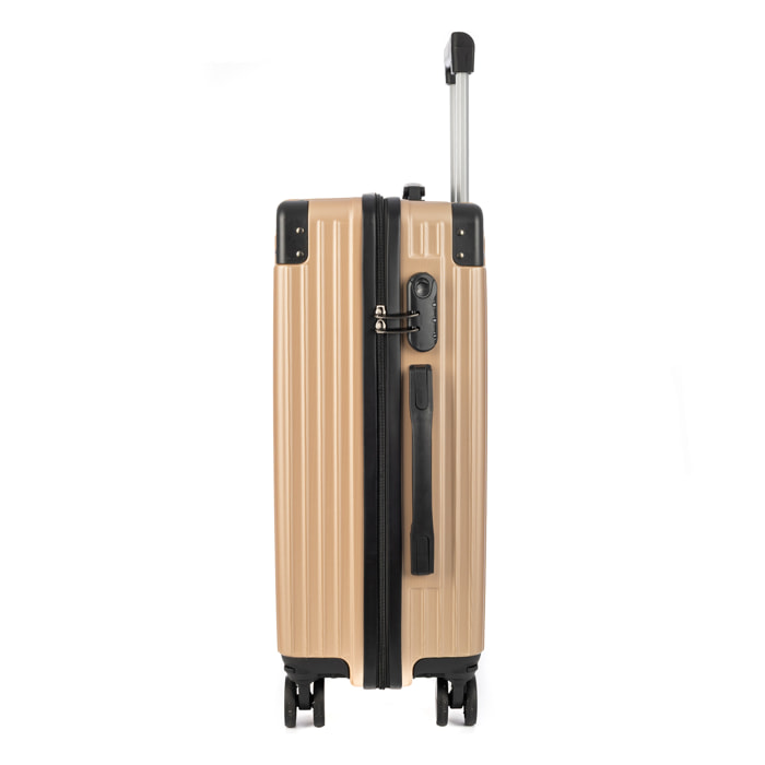 DAM Juego de 3 maletas Trolley, en material ligero ABS de alta resistencia con esquinas reforzadas. Cerradura numérica y 4 ruedas dobles extraíbles y giratorias 360°. 52x31x78 Cm. Color: Oro