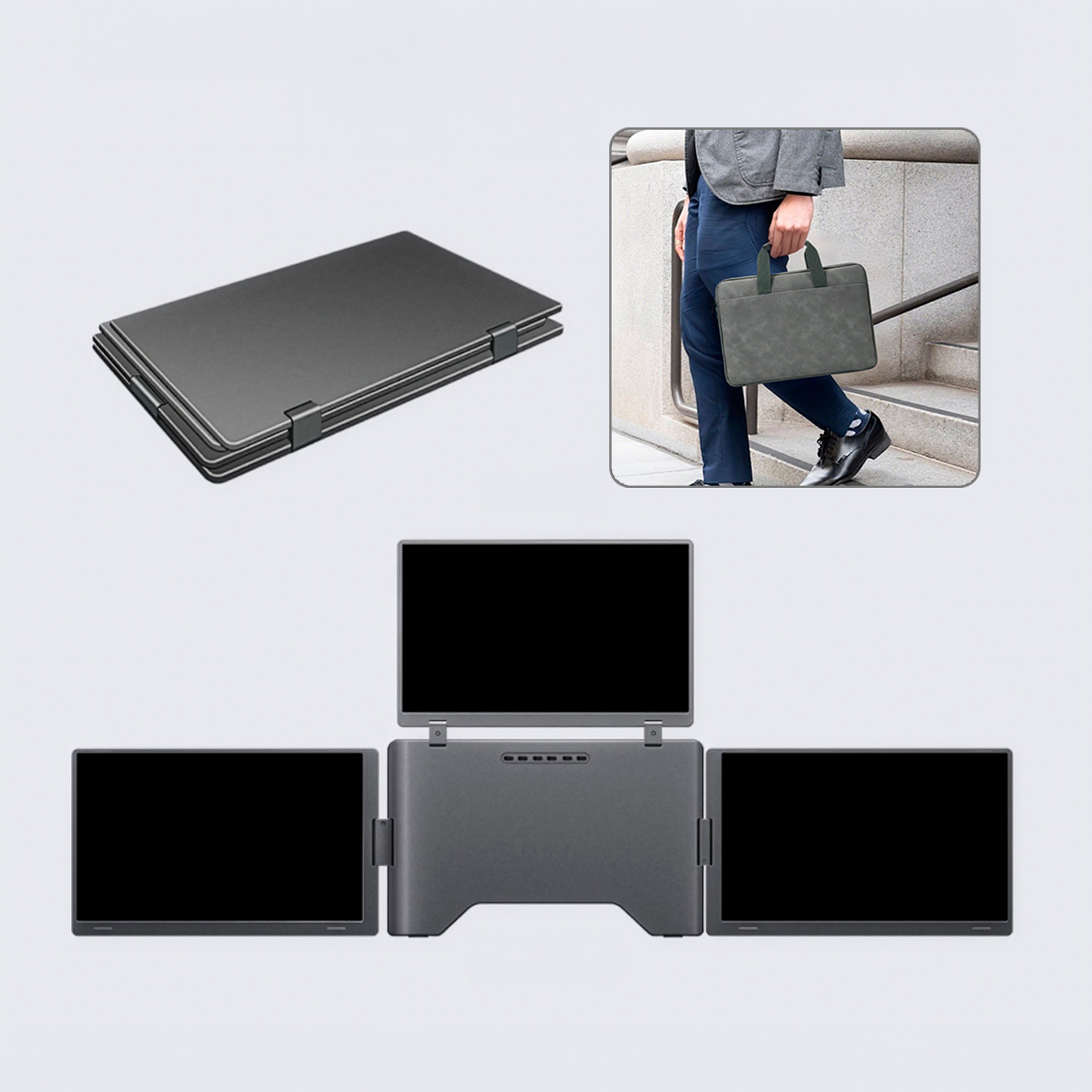 Monitor portátil triple S888 Pro de 15.6” con triple pantalla IPS 1920x1080 16:9. Compatible con laptops Windows y MacOS. Incluye bolsa de transporte.