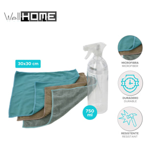 Well home botella de spray de 750ml con 3 paños de microfibra de 30x30cm