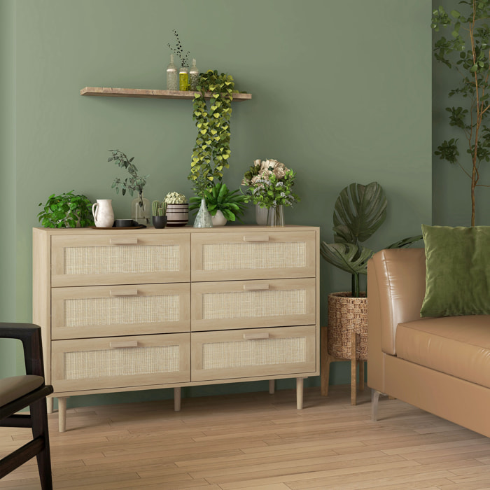 Cómoda 6 Cajones con Frontal de Ratán, Cómoda Dormitorio con Patas de Madera, Cajonera para Salón, Oficina, Estilo Bohemio, 110x40x75 cm, Roble