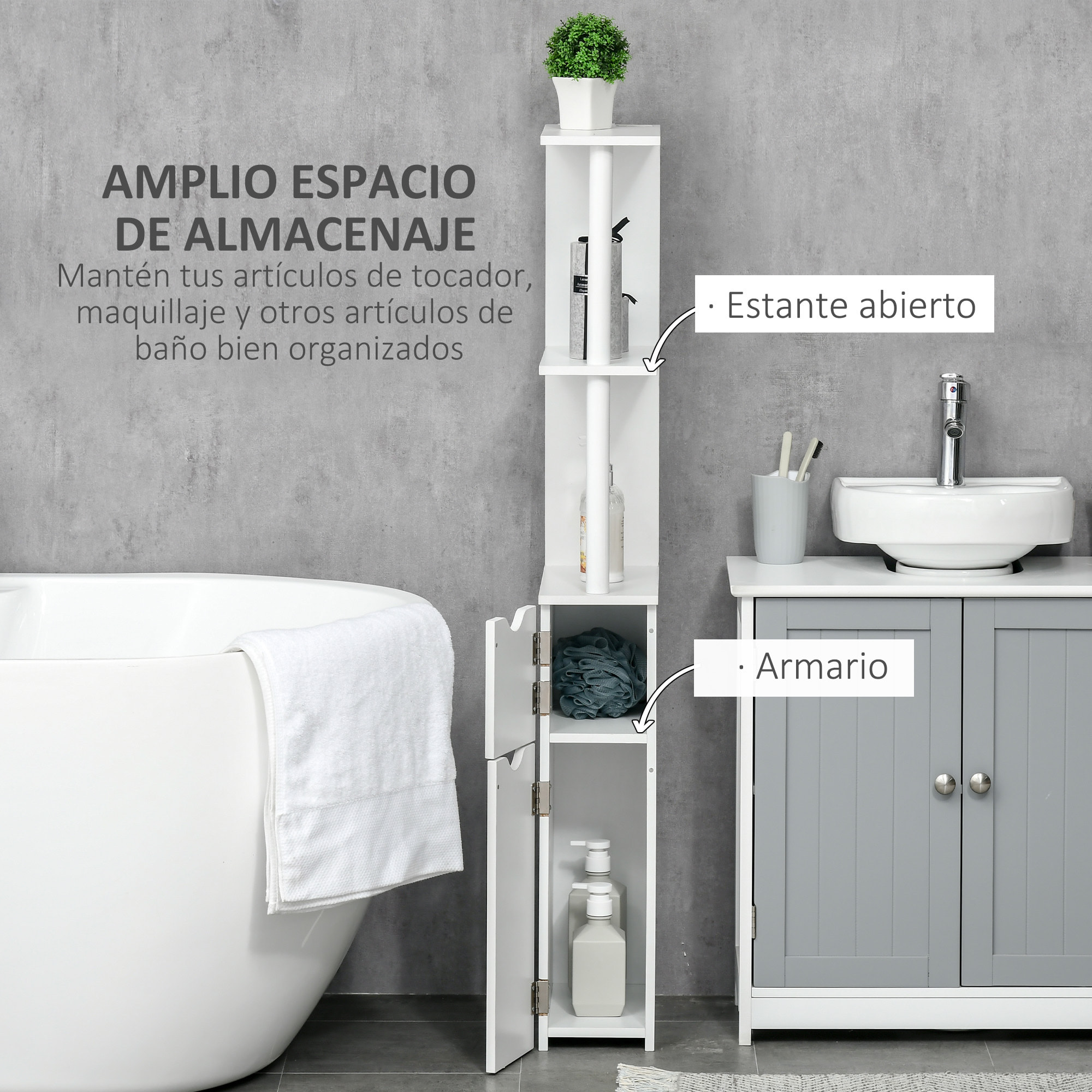 Columna de Baño Mueble de Baño con Puertas y Estantes Abiertos Armario de Baño Estilo Moderno 15,2x29,8x118 cm Blanco