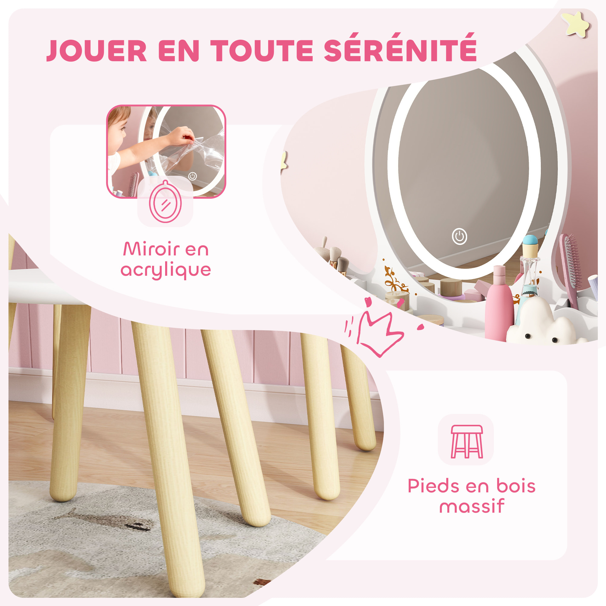Coiffeuse enfant en bois style scandinave - tabouret assorti, miroir LED 3 couleurs intégré - bois blanc