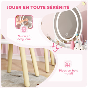 Coiffeuse enfant en bois style scandinave - tabouret assorti, miroir LED 3 couleurs intégré - bois blanc