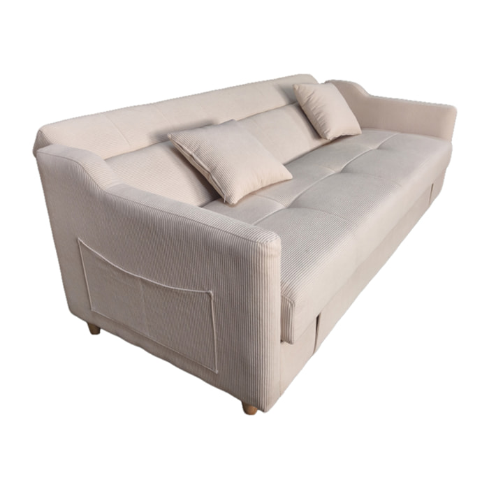 BAKAR Canapé convertible avec coffre en velours cotelé beige 3 places