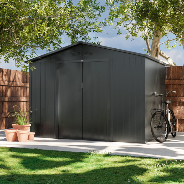 Abri de jardin en métal - FERRAIN 5.29m² gris anthracite - Cabane à outils avec deux grandes portes coulissantes. kit de fixation sol inclus. maison de rangement. remise