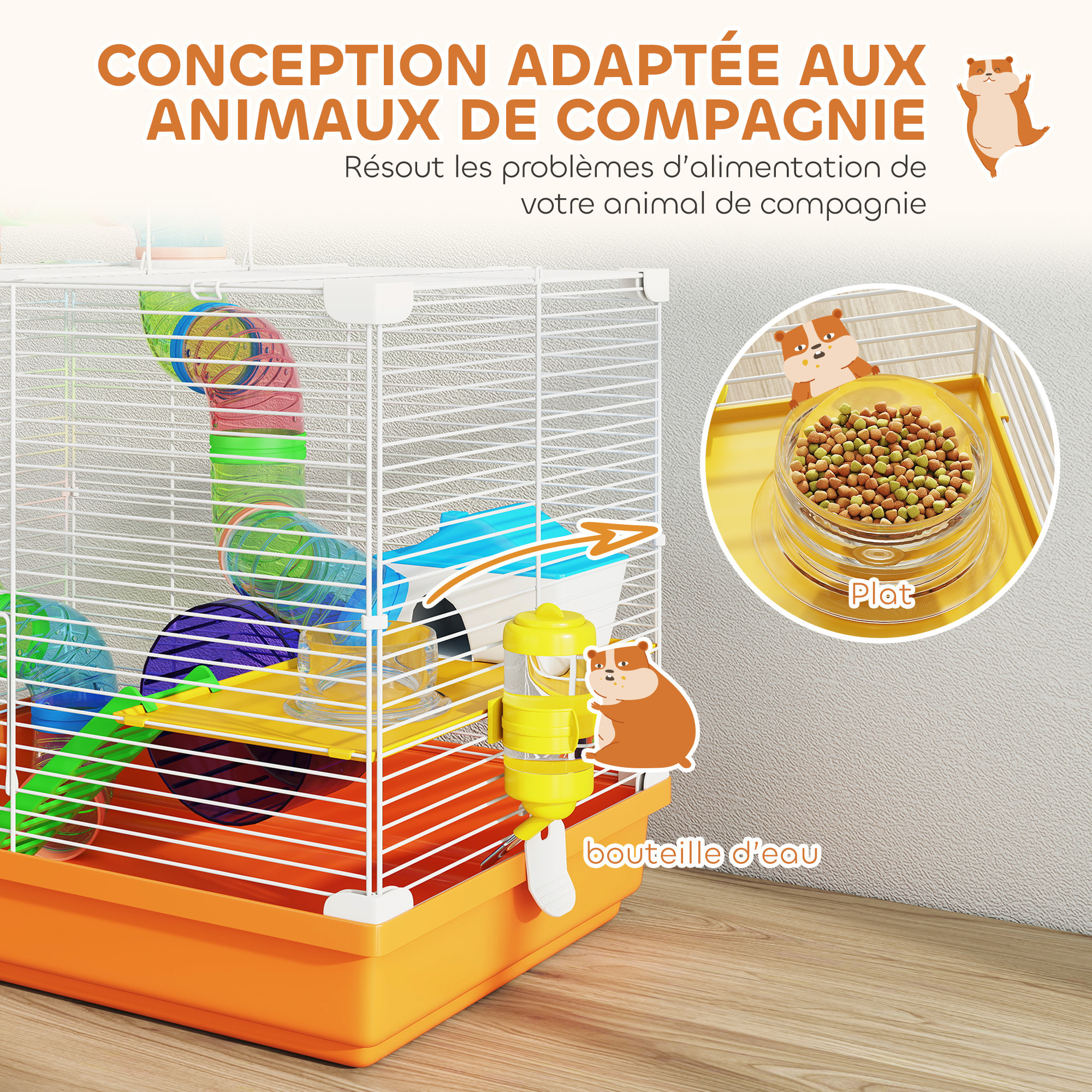 Cage à hamster 2 niveaux avec poignée - avec tunnel, biberon eau, roue, maisonnette, échelles - orange