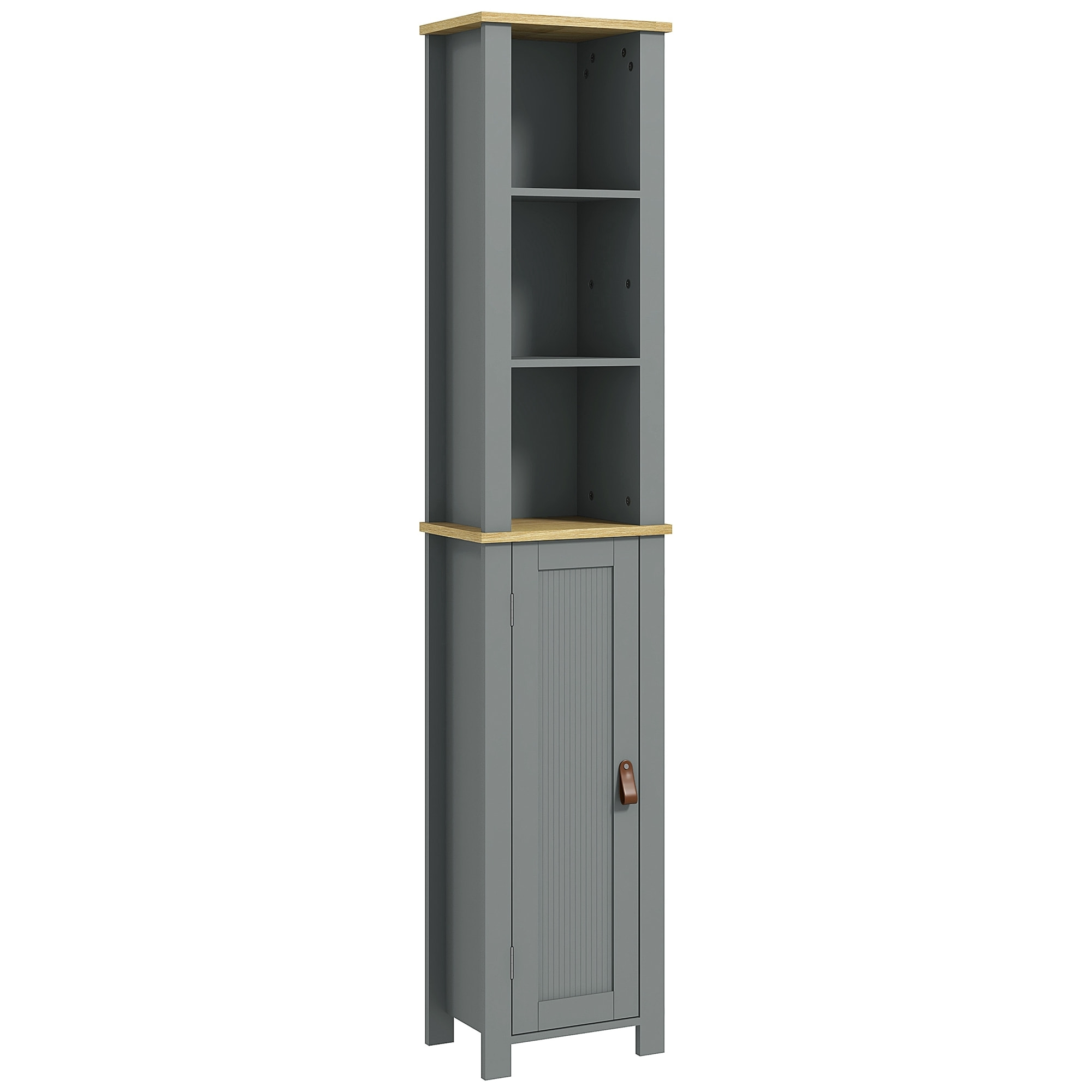 Meuble colonne rangement de salle de bain sur pied porte 2 étagères 3 niches aspect bois clair gris