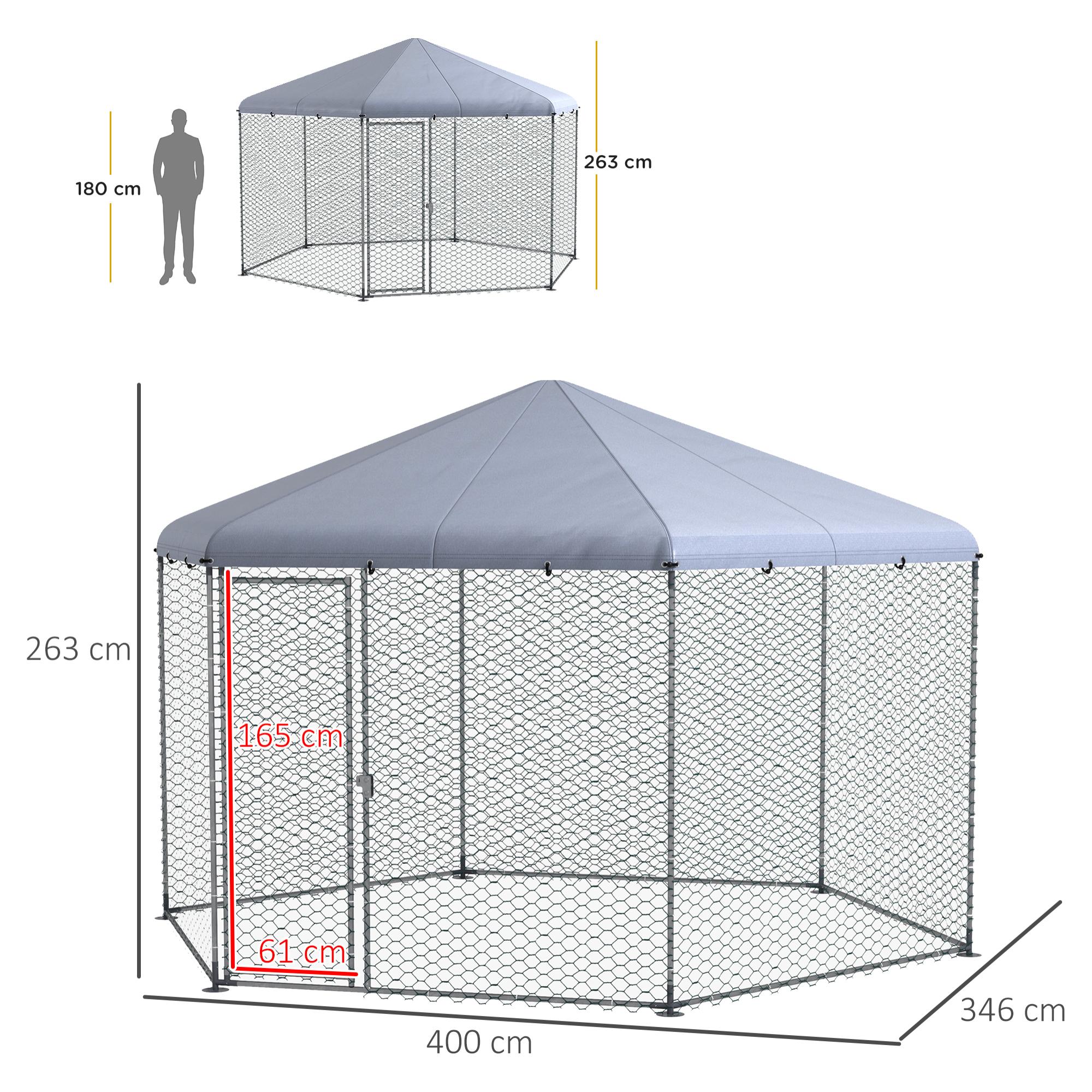 Gallinero para Exterior Grande de Acero 400x346x263 cm Jaula de Gallinas en Forma de Hexágono Cubierta de Tela Oxford Resistente a los Rayos UV e Impermeable para Patio Plata