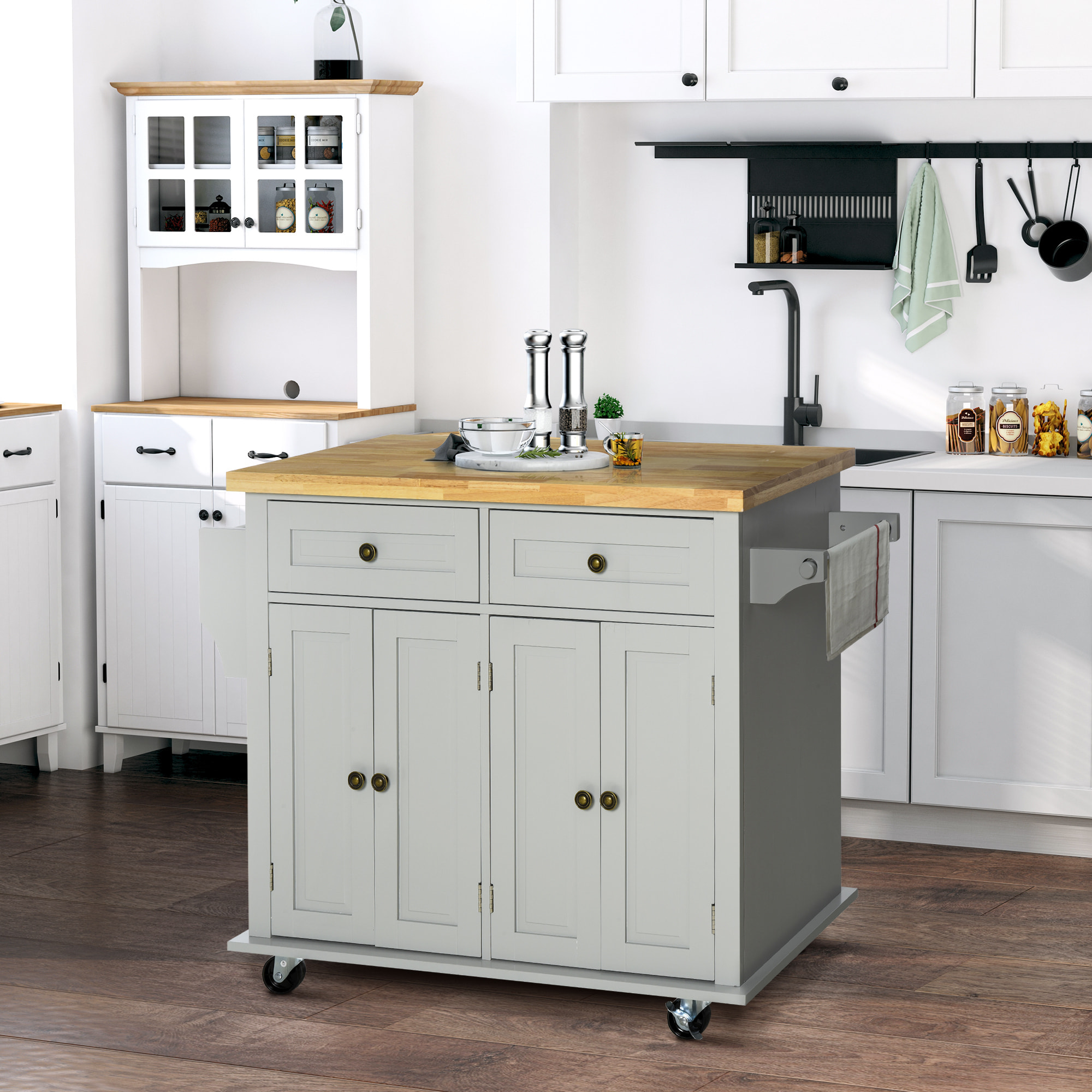 Isla de Cocina con Ruedas Carro de Cocina con 2 Cajones 4 Puertas Especiero Encimera de Madera y Barra Lateral para Comedor 111x44,5x82,5 cm Gris